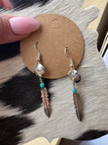 Sterling silver dangle feather earrings with turquoise.