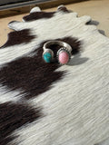 Sterling silver two stone ring, turquoise and pink conc