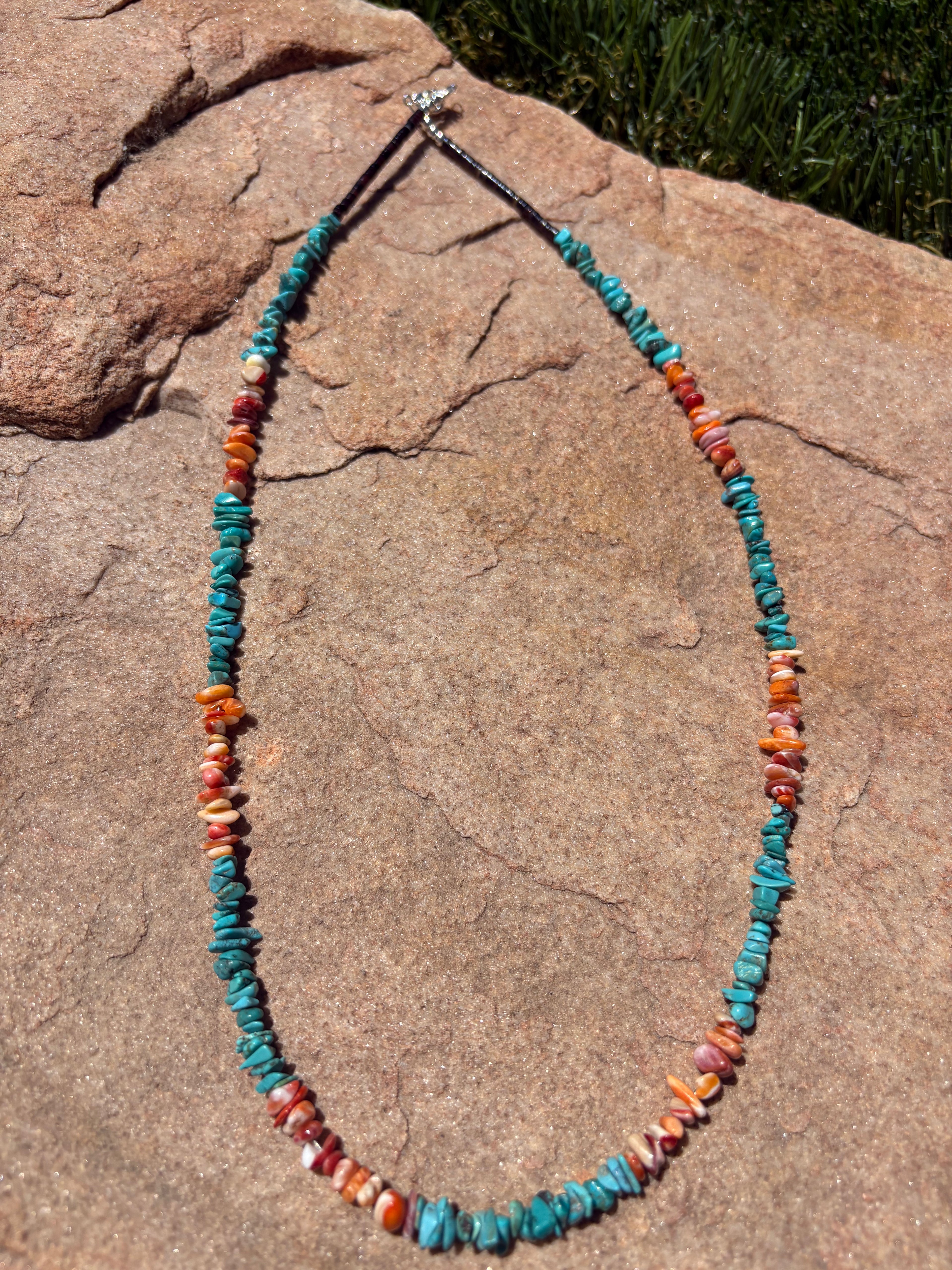 Turquoise and orange spiny necklace. Hand made 23”