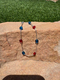 9” anklet liquid silver with red and blue beads