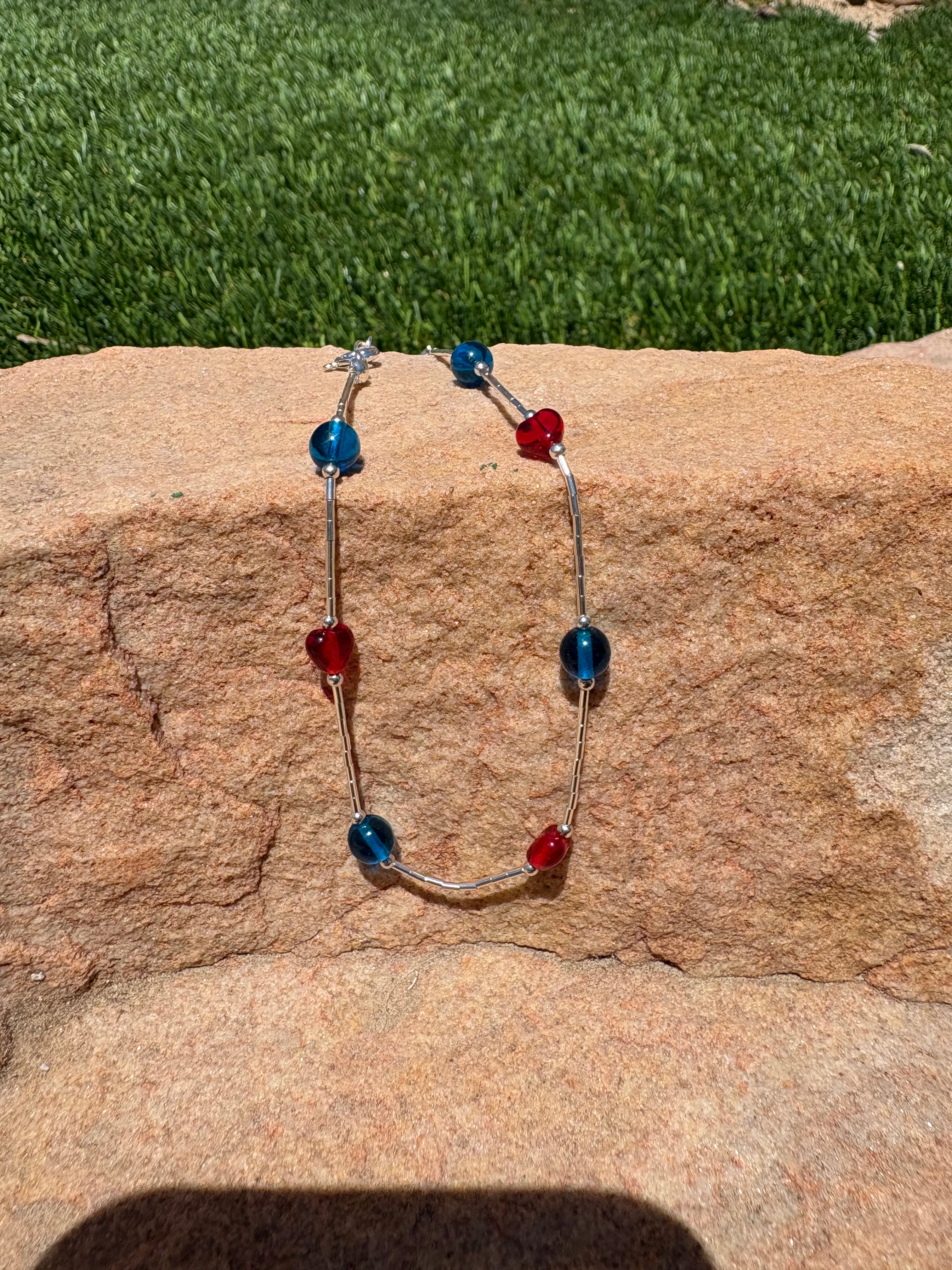 9” anklet liquid silver with red and blue beads