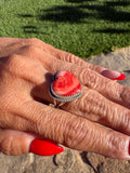 Native Sterling silver red spiny heart ring. Size 8