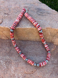 17” Red spiny necklace with stamped silver beads 10mm includes 4”inch extender.