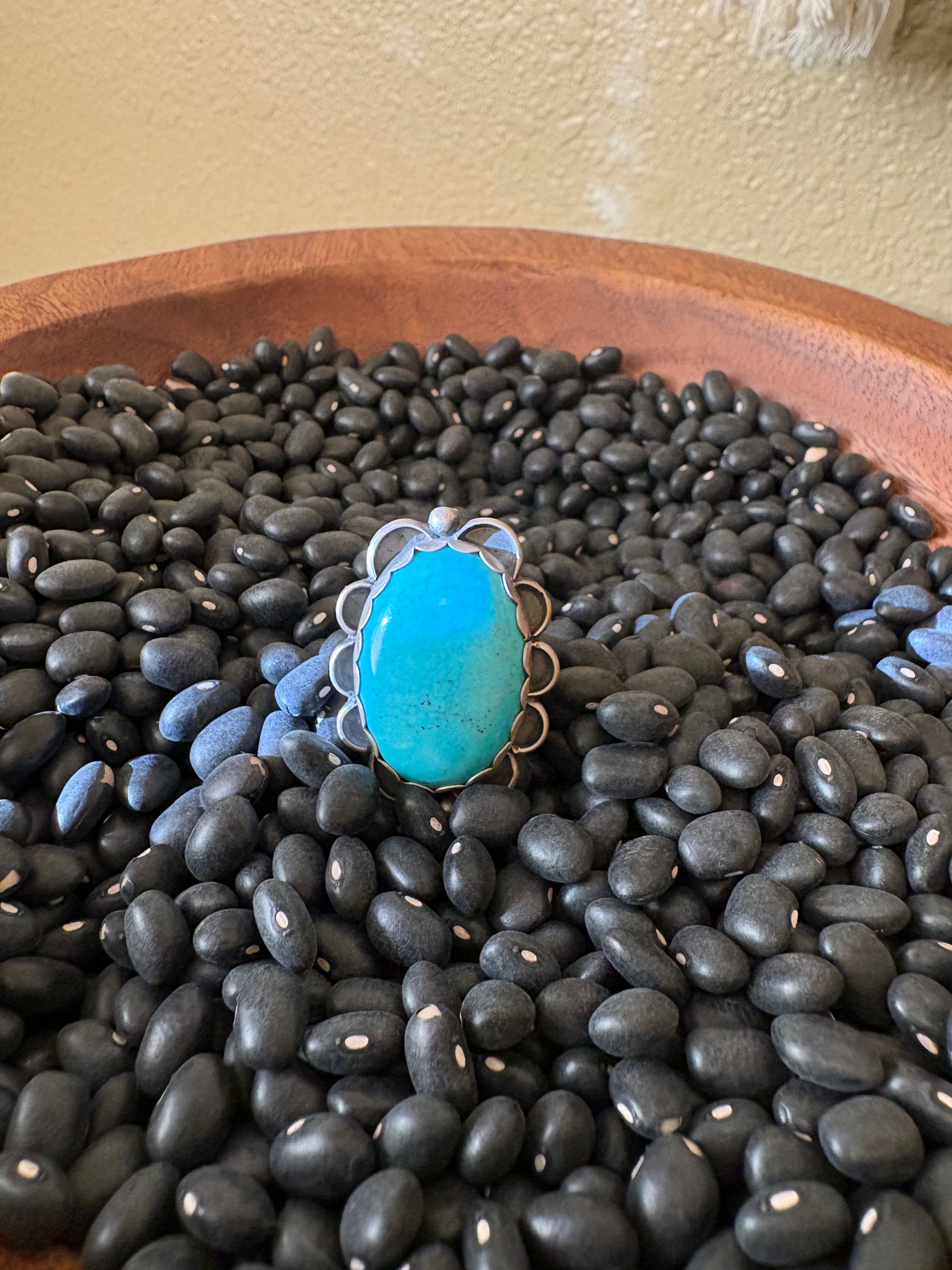 Sterling silver Kingman turquoise flower ring. Adjustable. Native made stamped MM