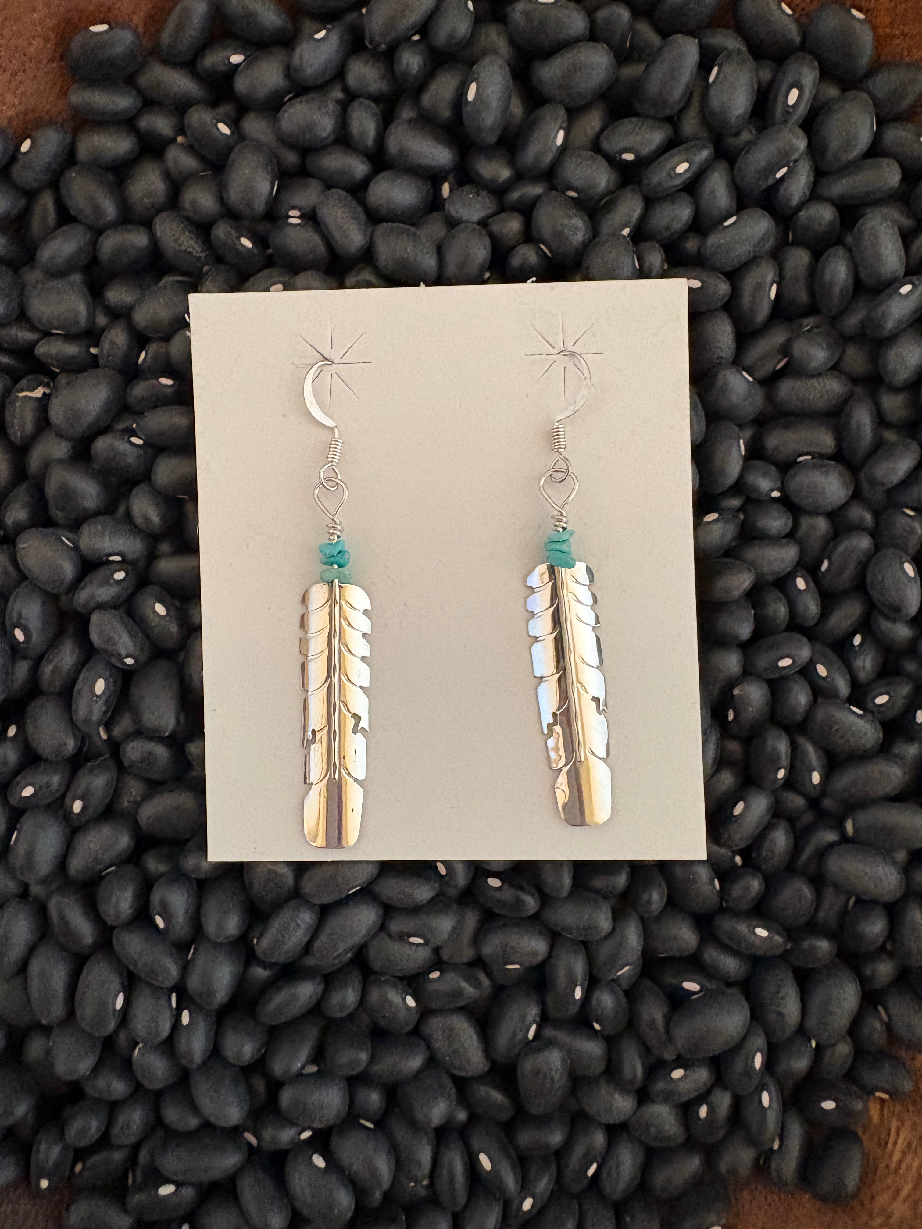 Sterling silver feather earrings with turquoise