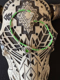 Liquid silver 9” anklet with green beads and heat charm.