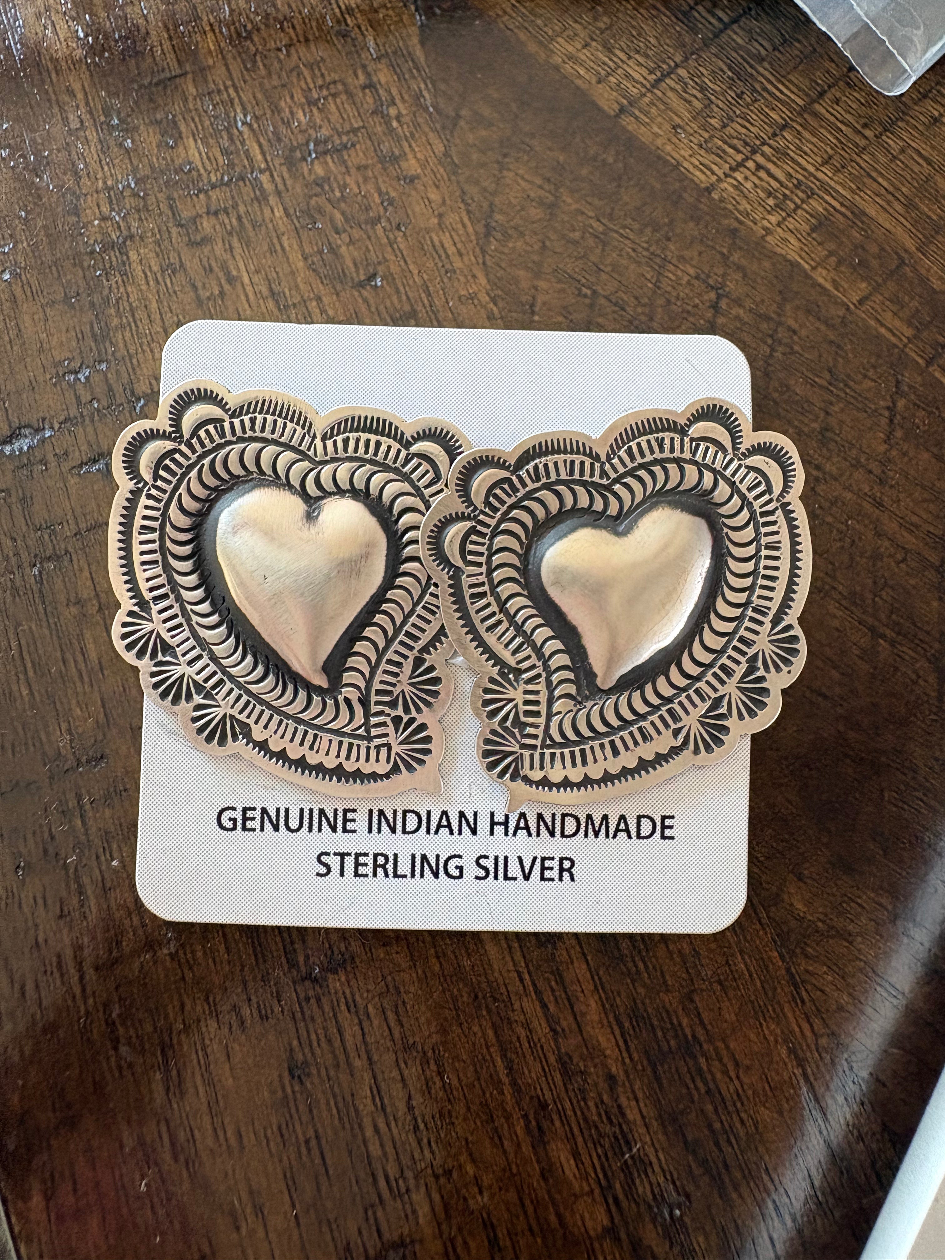 Leander Tahe Sterling silver native and stamped heart earrings