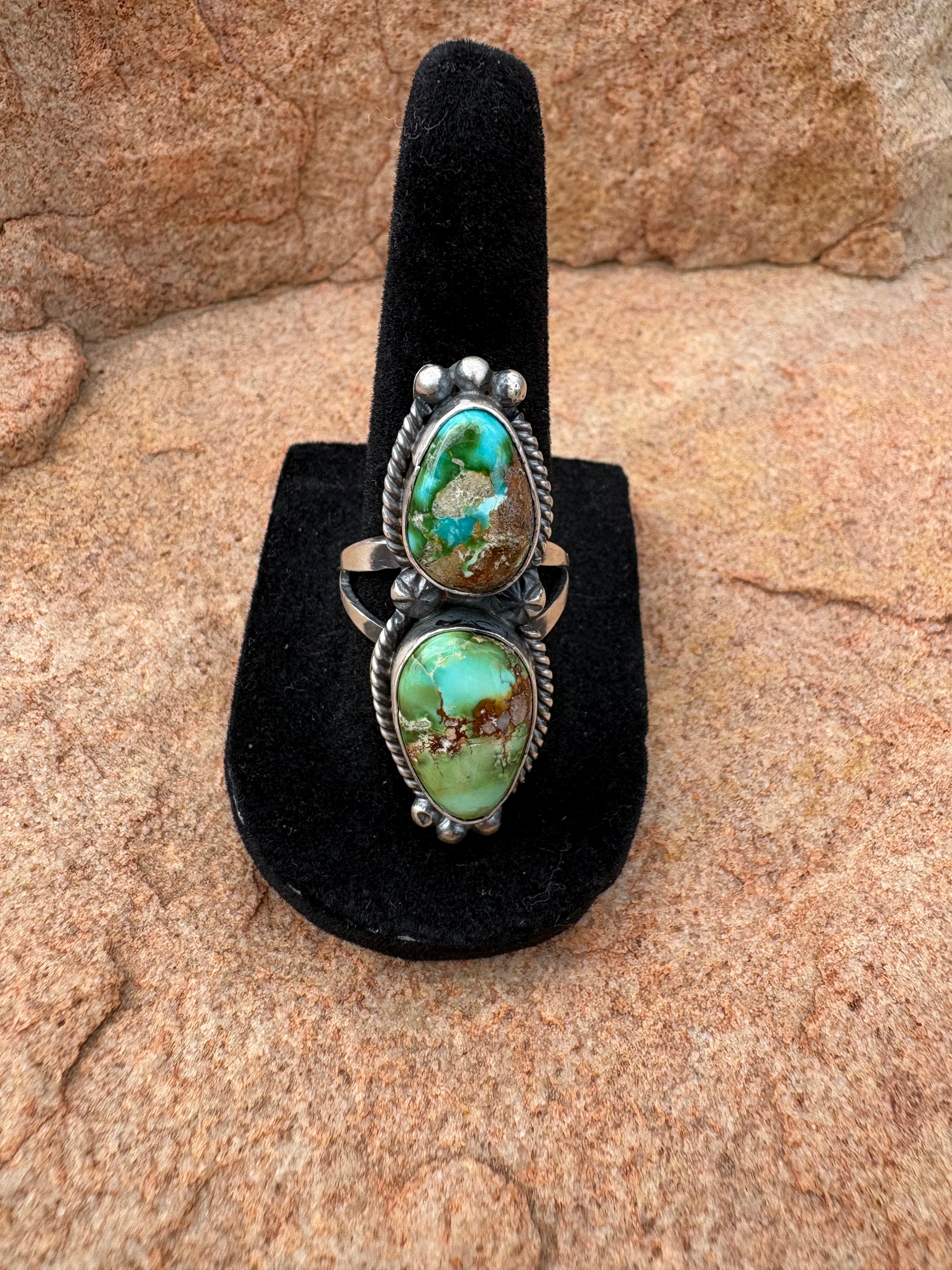 Sterling silver two stone Sonoran gold turquoise ring. Size 7 native made.
