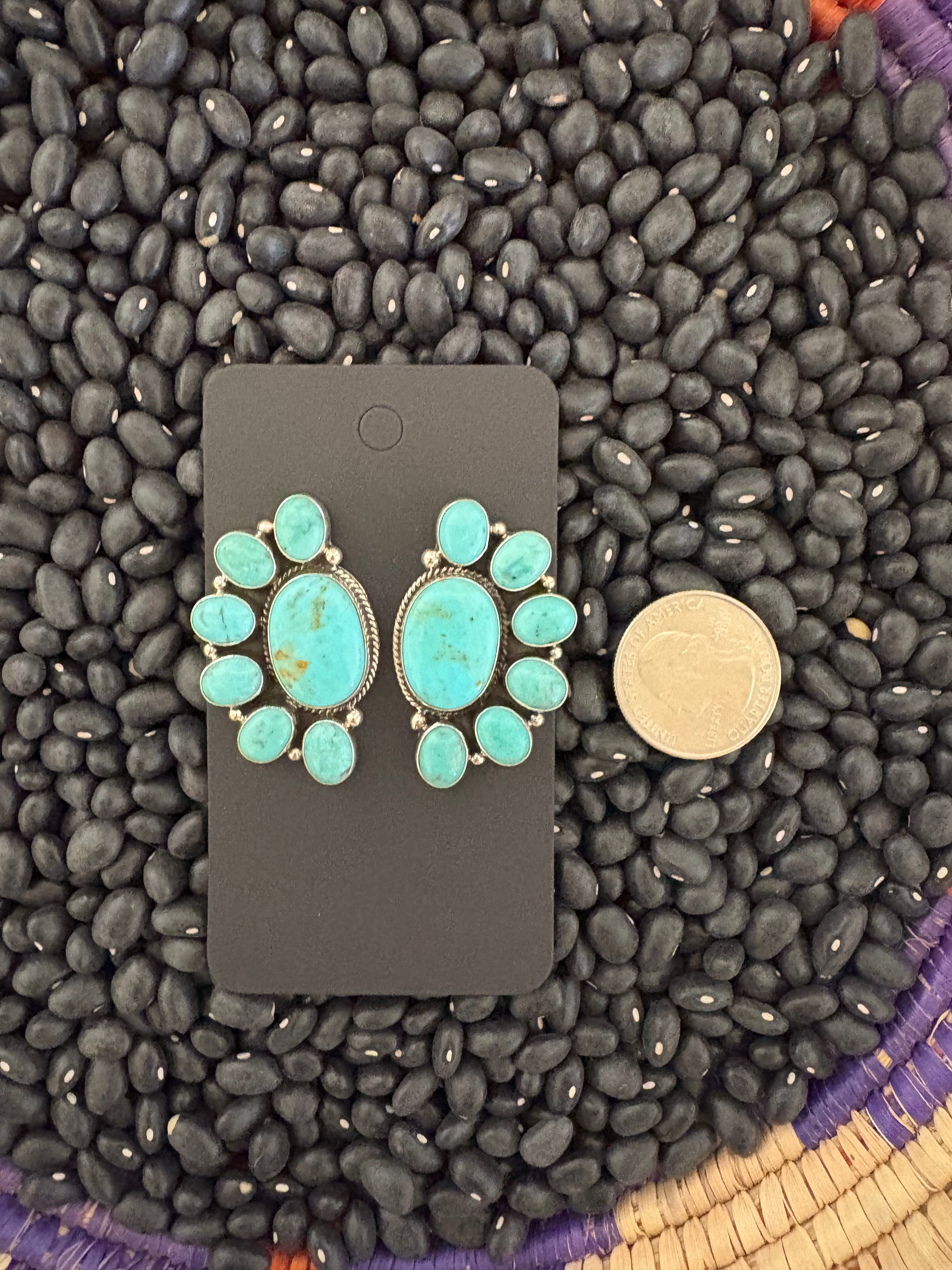 Large 1/2 cluster turquoise post earrings. Native made