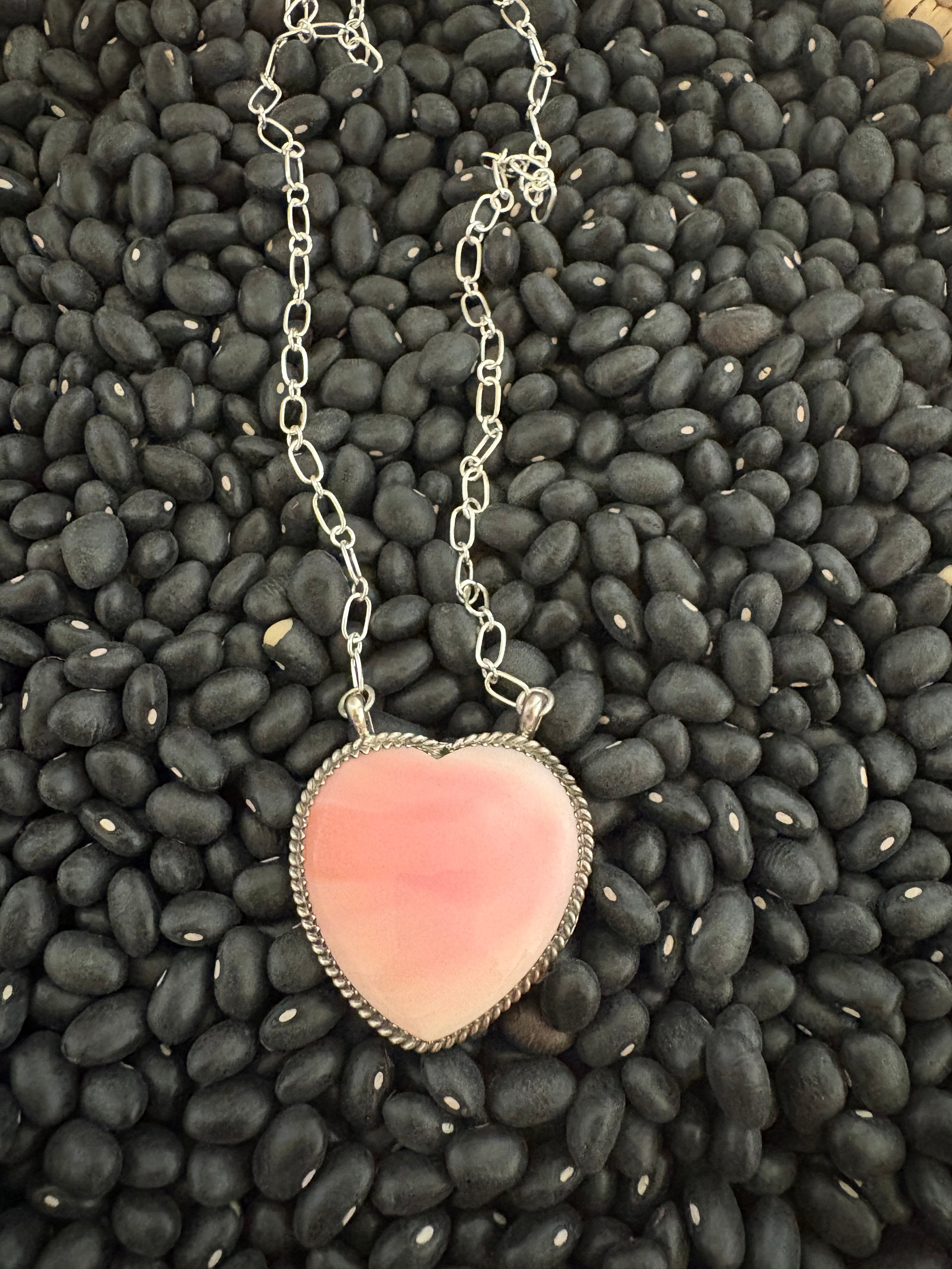 Pink conc heart necklace, sterling silver native made.