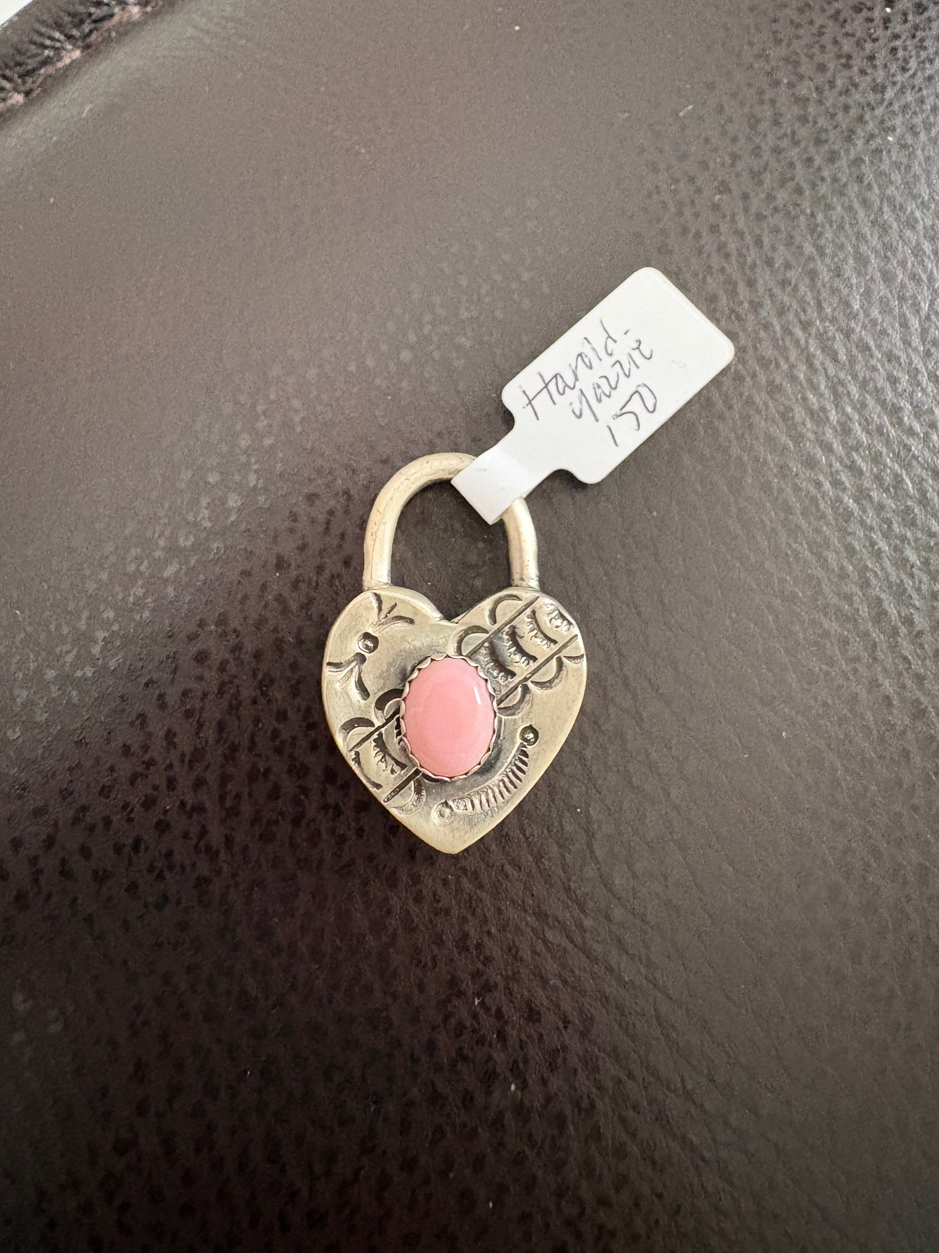 Heart lock pendent native made Harold Yazzie pink conc