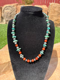 Chimney Butte round and saucer pearl necklace. Mixed with nuggets of turquoise and red beads.18” 8mm