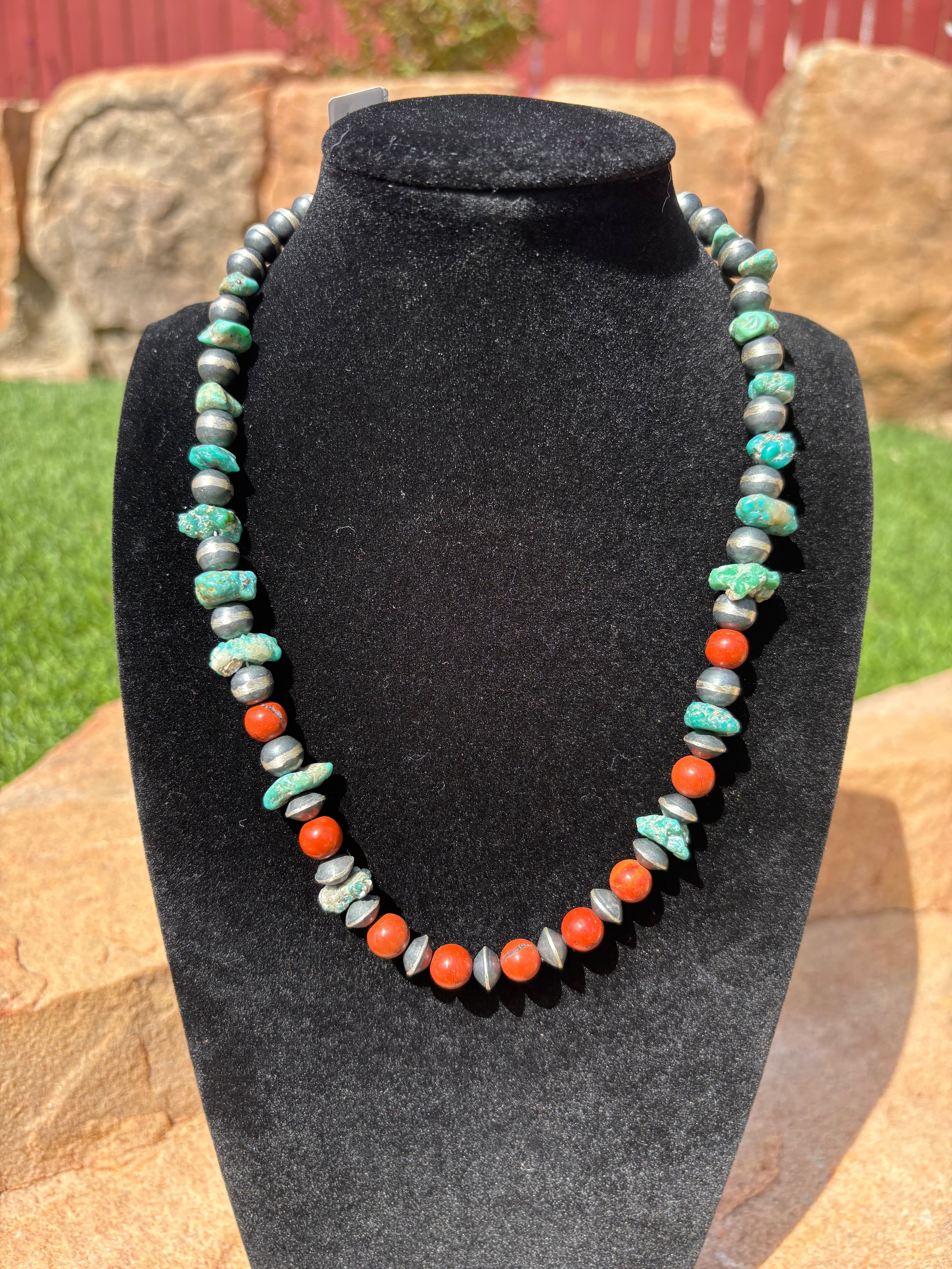 Chimney Butte round and saucer pearl necklace. Mixed with nuggets of turquoise and red beads.18” 8mm