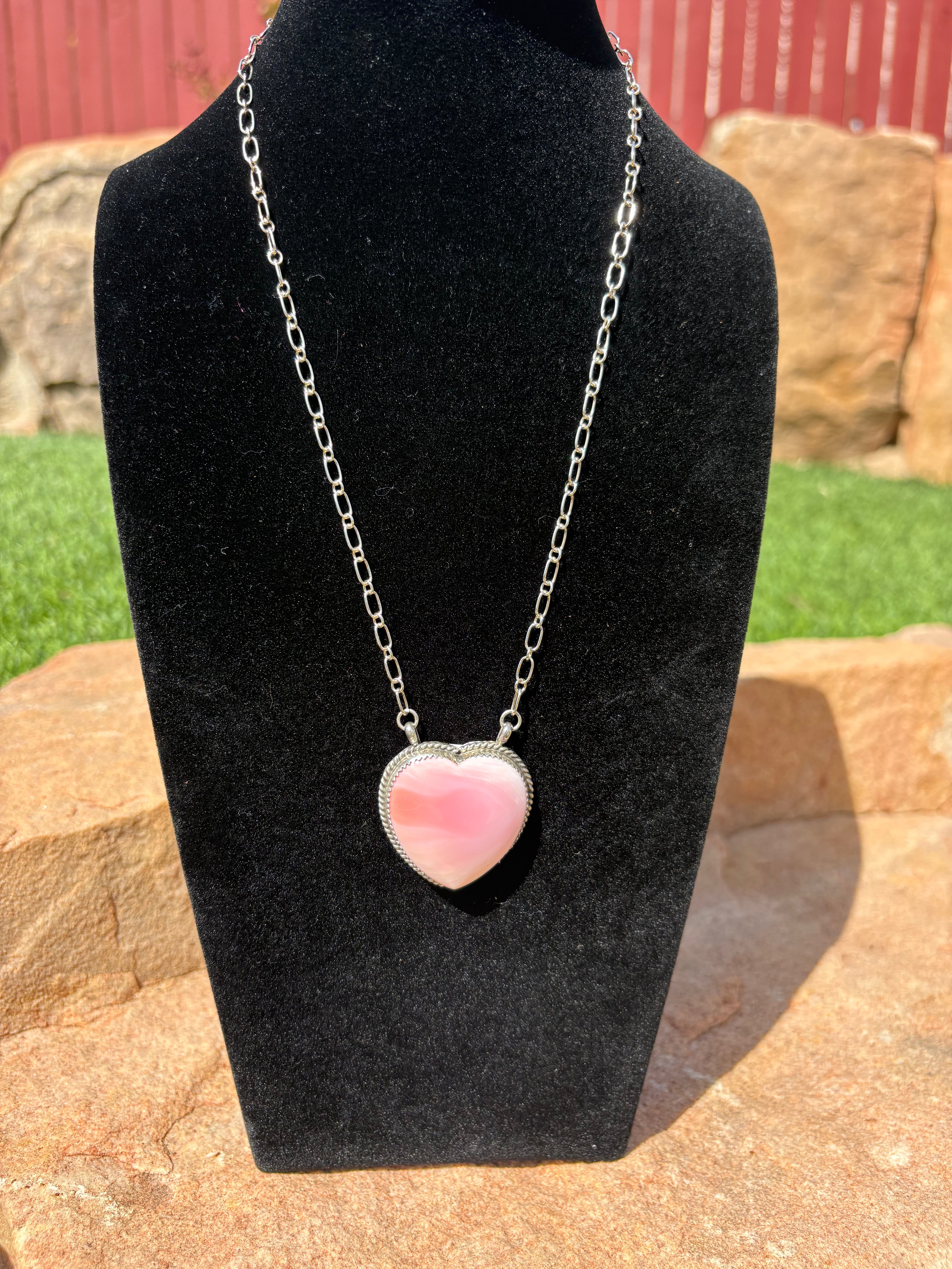 Sterling silver pink conc heart necklace native made and stamped.
