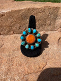 Navajo handmade sterling silver with Kingman turquoise and orange spiny adjustable ring. Artist: Christina Yazzie