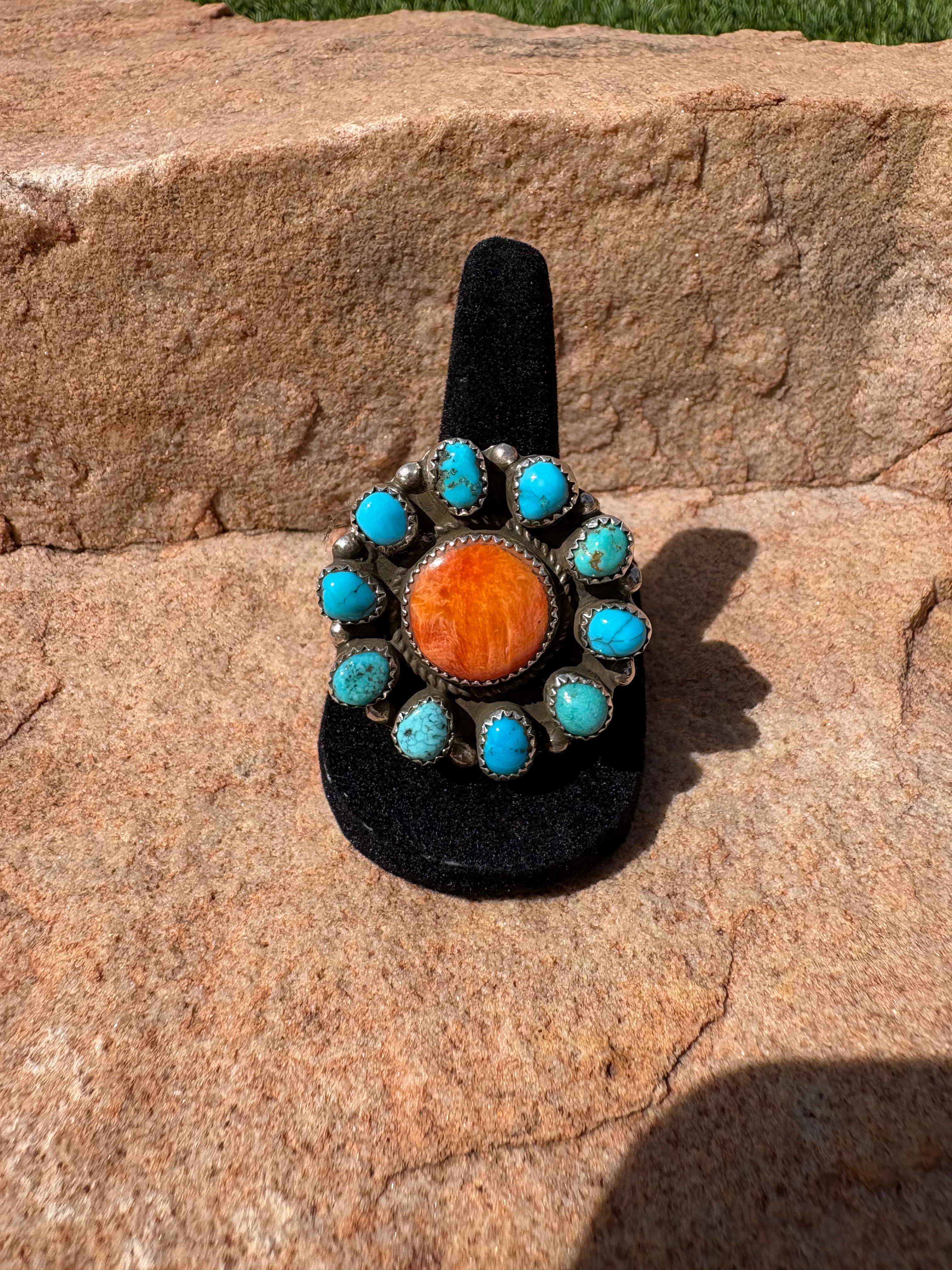 Navajo handmade sterling silver with Kingman turquoise and orange spiny adjustable ring. Artist: Christina Yazzie