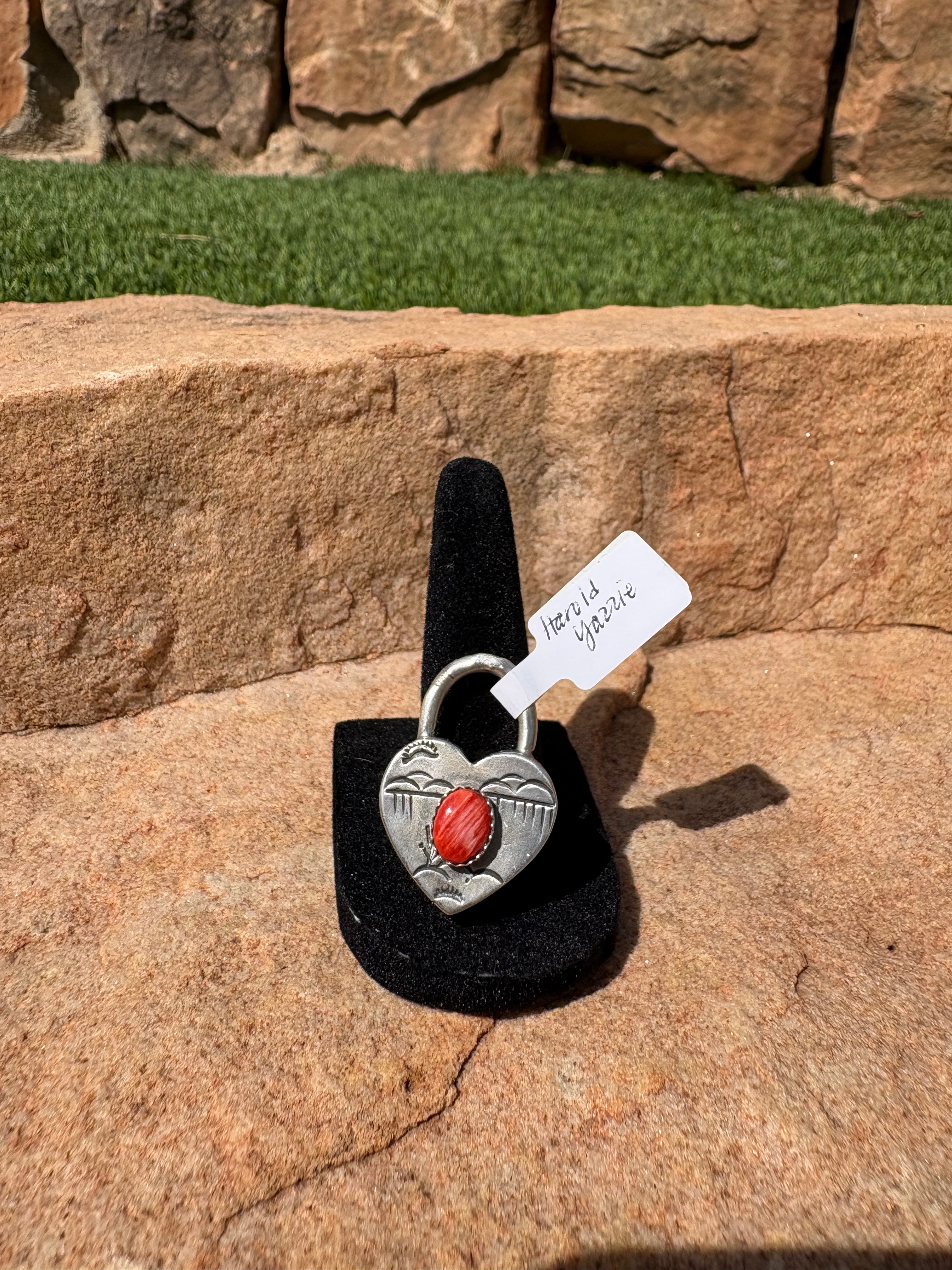 Heart lock pendent native made Harold Yazzie red spiny