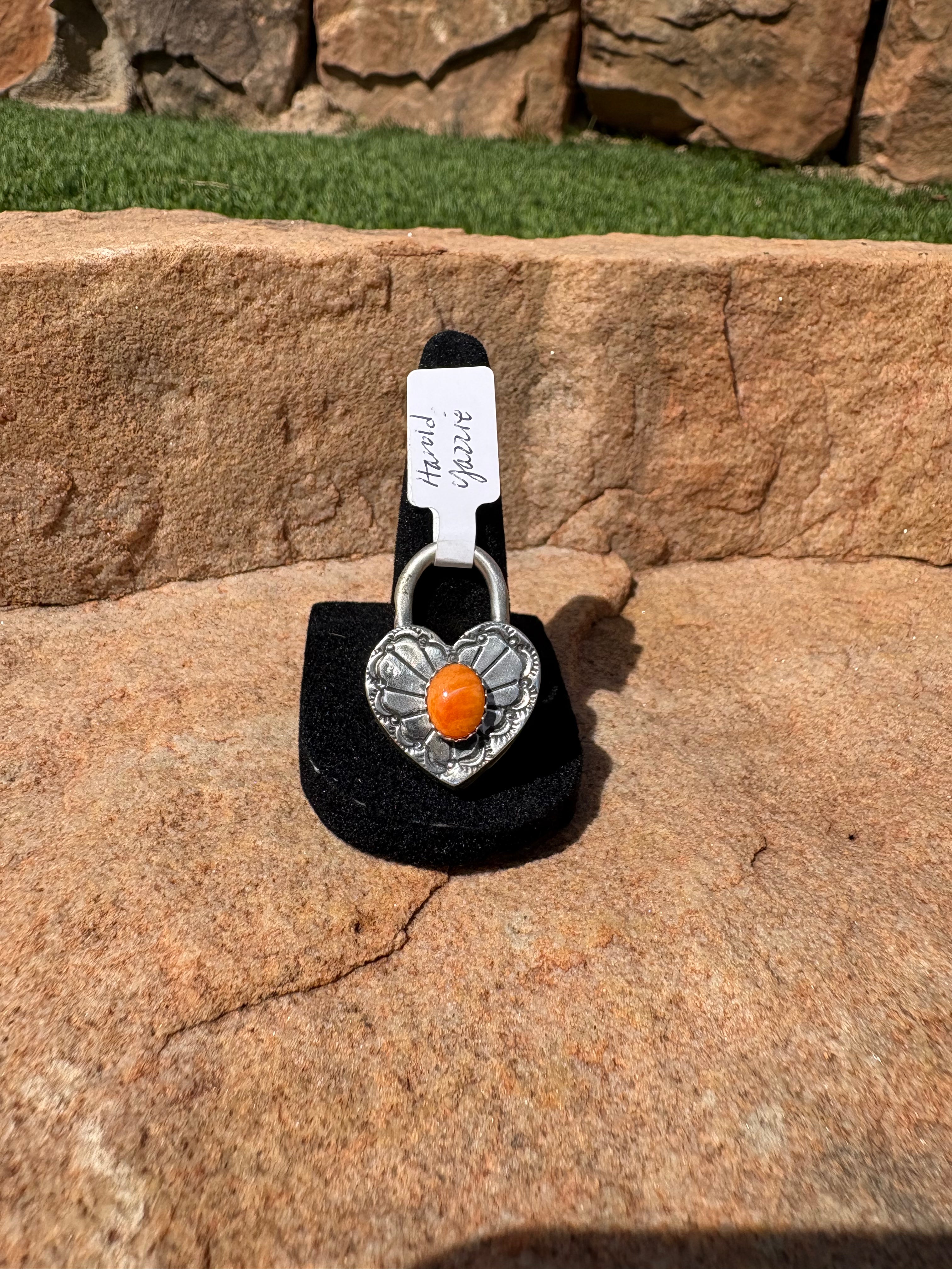 Heart lock pendent native made Harold Yazzie orange spiny